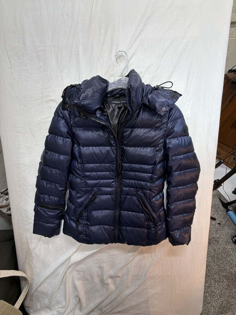 Andrew Marc Down Puffer Jacket Size XS Navy Blue Hooded